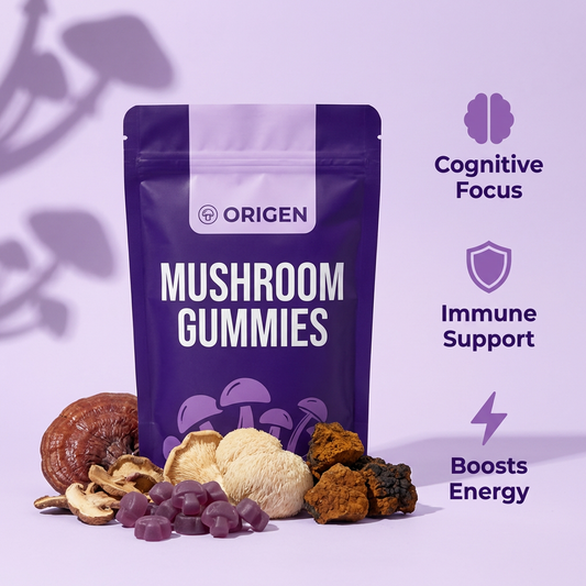 ORIGEN Mushroom Gummies hero with mushrooms